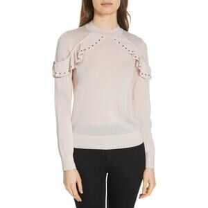 Kate Spade Sweater So Foxy Ruffle Studded Crew Neck Pale Pink Size XXS Rare